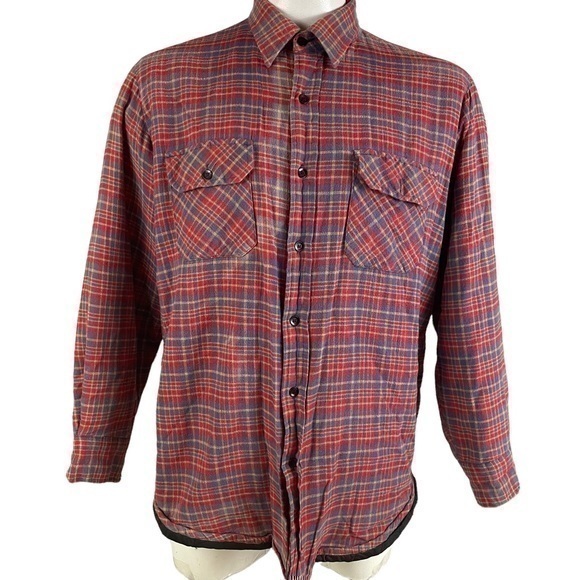 Vintage Sears Mens Store XL Faded Plaid Flannel Jacket Shacket Quilted Lining R1 - Picture 1 of 11